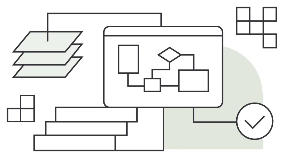 A line drawing of a flow diagram on a screen beside stacked layers and a completed check