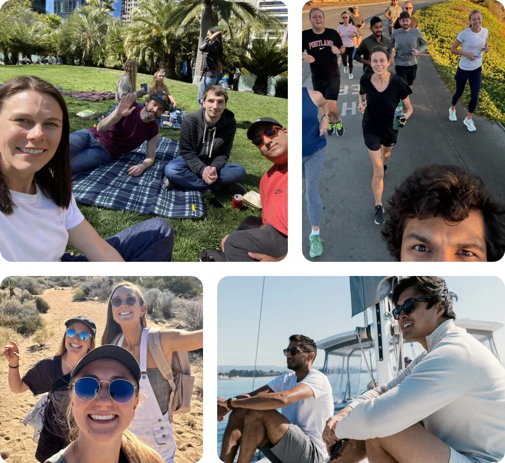 A collage of Found teammates: a picnic on the grass, a group run, a selfie on a hike and two colleagues by the water