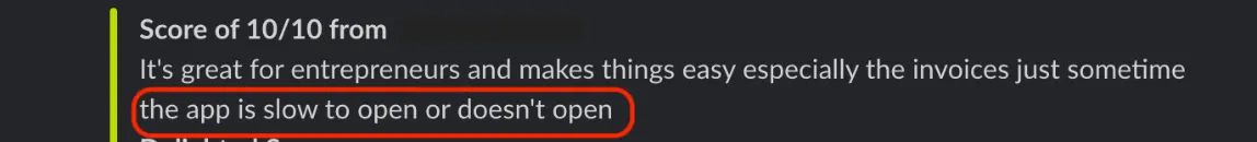 A customer review scored 10 out of 10, with the words “the app is slow to open or doesn’t open” circled in red