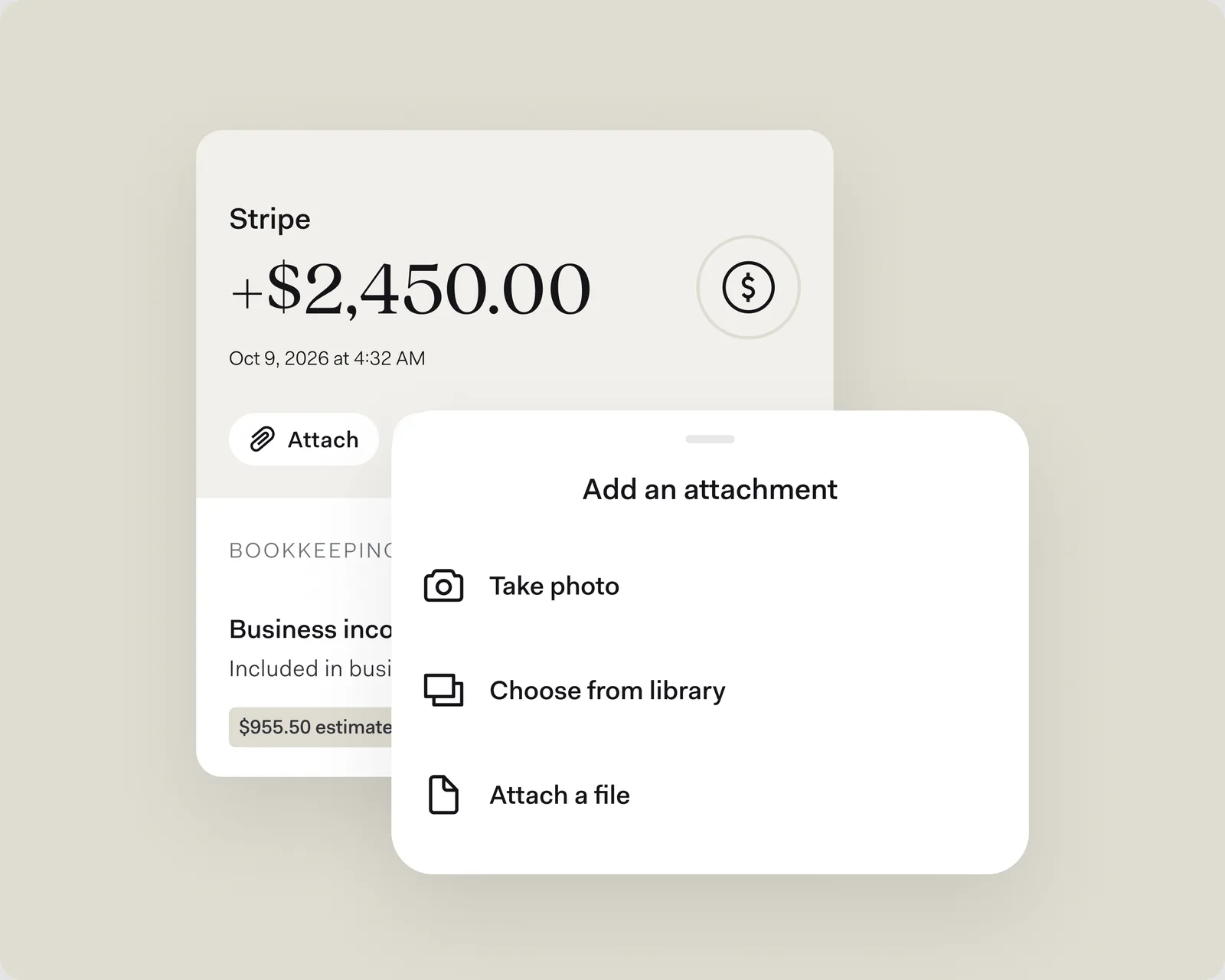 A $2,450.00 Stripe income transaction with an Attach button, beside the Add an attachment sheet: take a photo, choose from your library, or attach a file.