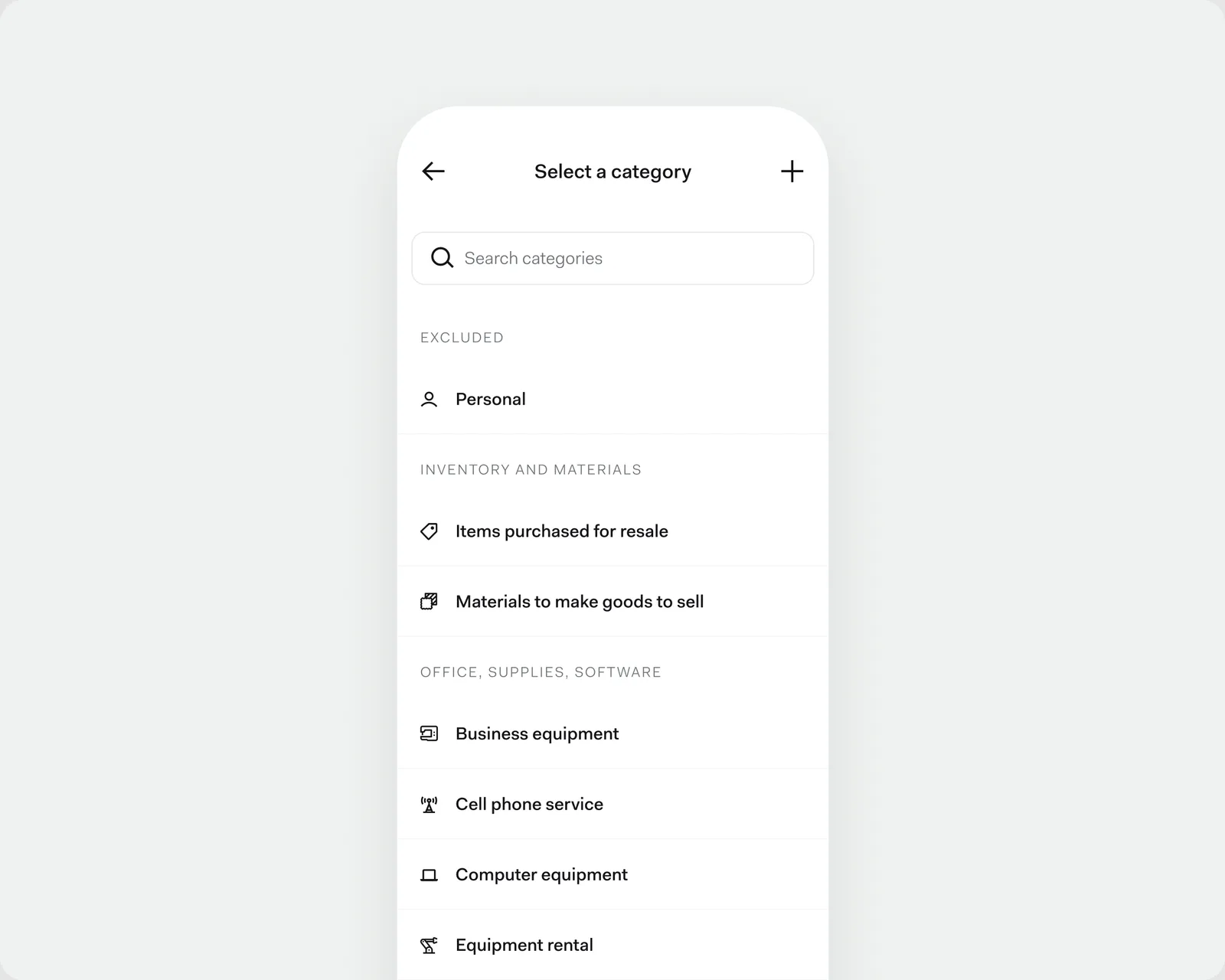 The new Select a category list on a phone: a search field above categories grouped under Excluded, Inventory and materials, and Office, supplies, software, each with its own icon.