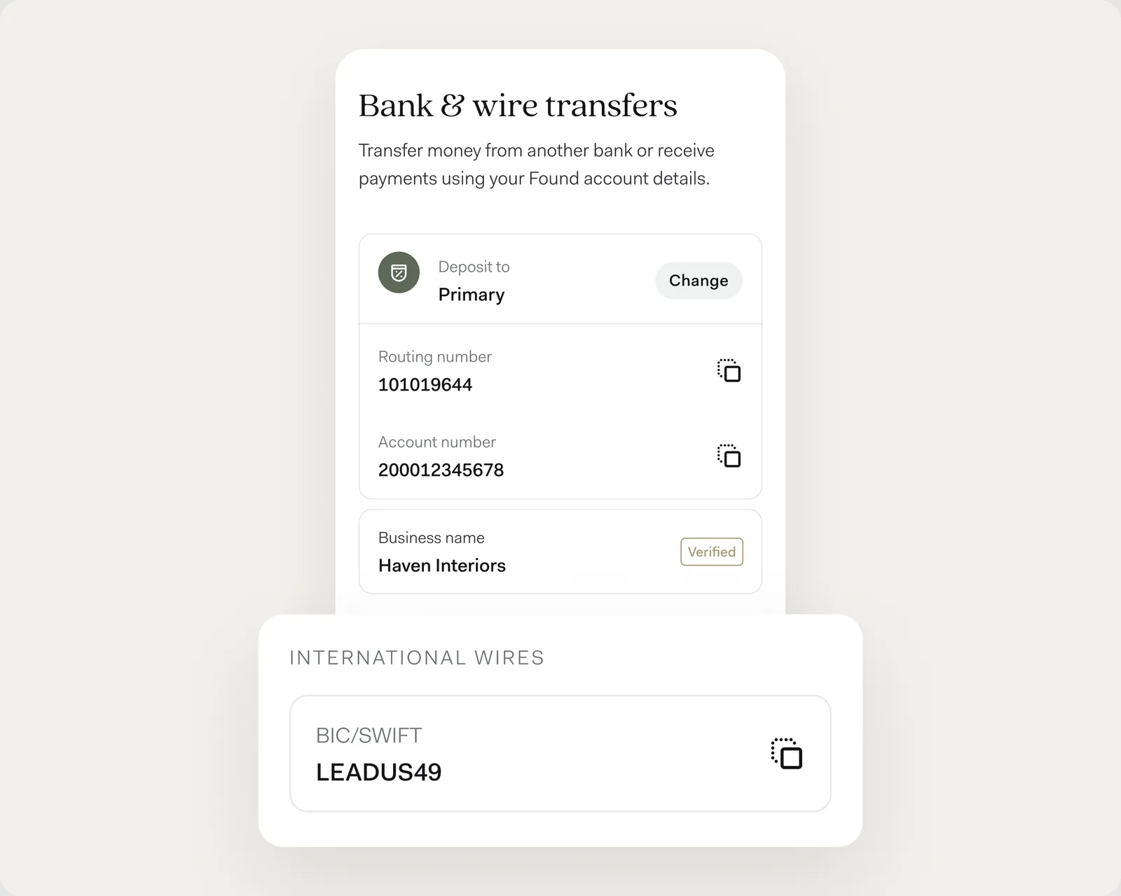 The Bank and wire transfers screen with the account's routing and account numbers, and an International wires card showing Found's BIC/SWIFT code, LEADUS49.