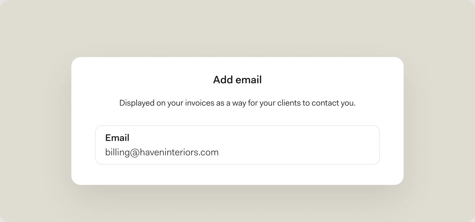 The Add email panel in invoice settings, with a billing email address entered.