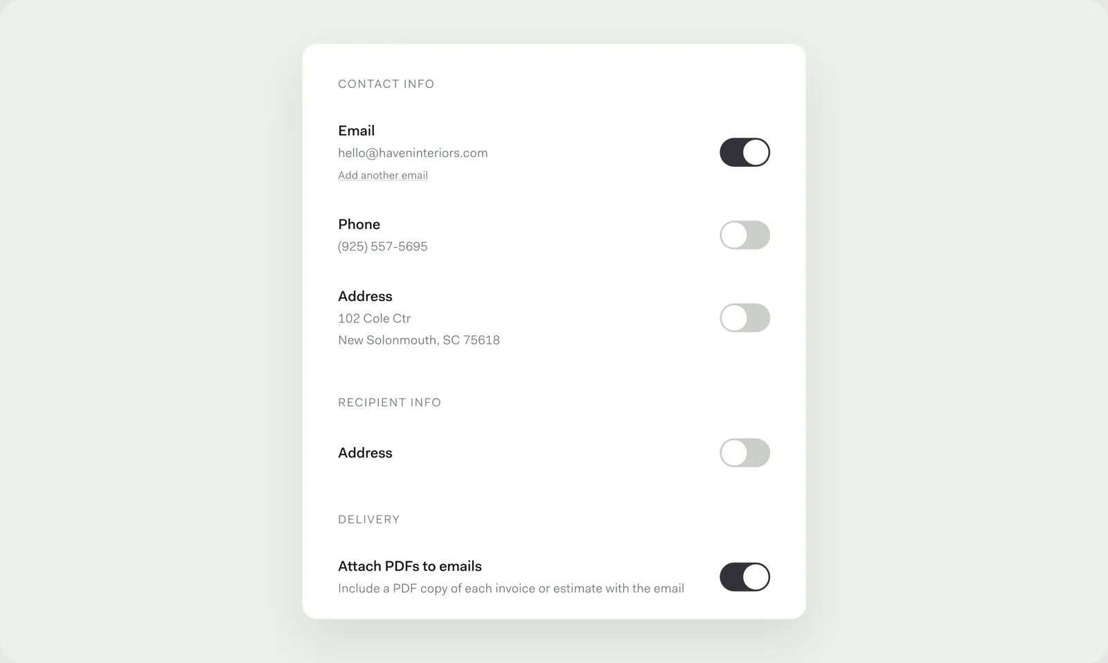 Invoice settings with the new Delivery section and the Attach PDFs to emails toggle switched on.