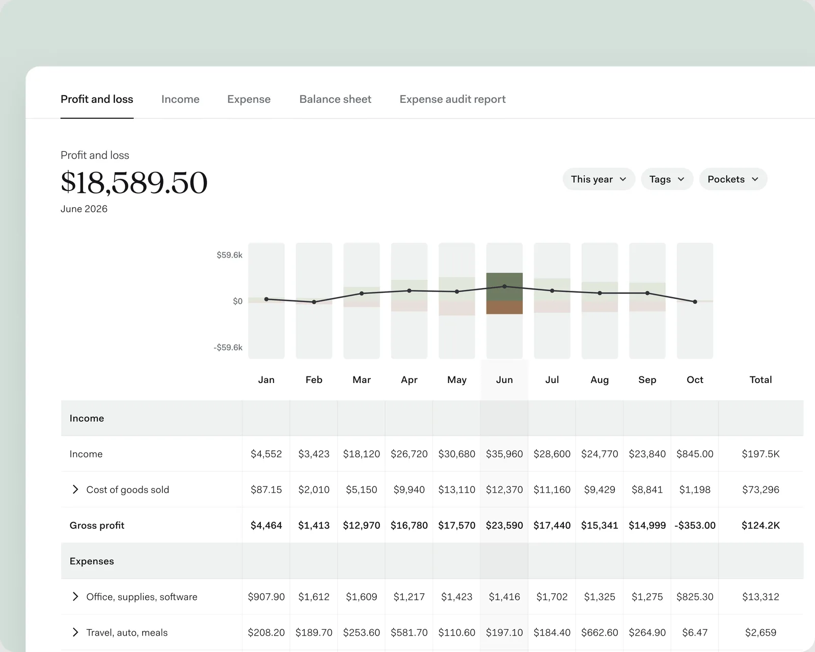 The desktop profit and loss report with June selected: the June bar stands out in the chart, the June column is highlighted in the table below it, and the headline shows June's net profit.