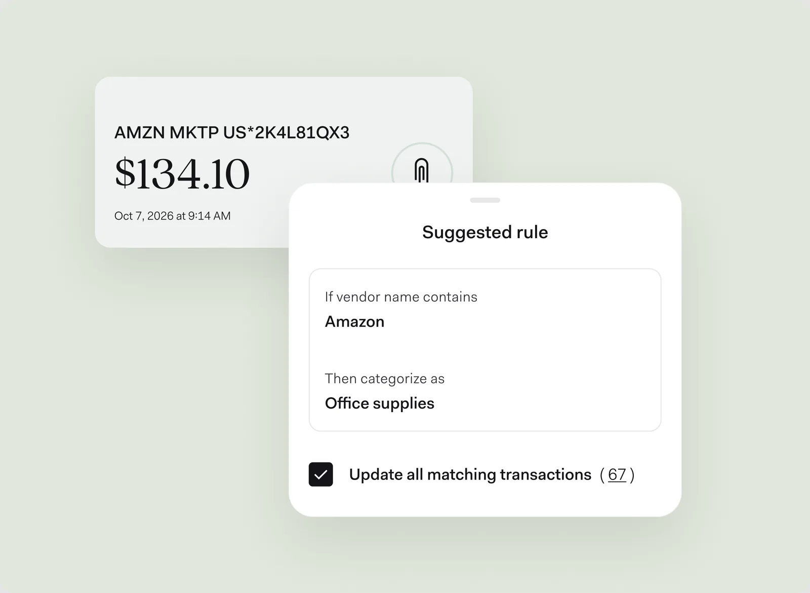 The Suggested rule sheet in front of a $134.10 Amazon purchase that shows up under a long coded bank description: if the vendor name contains Amazon, categorize it as office supplies, with Update all matching transactions checked for 67 transactions.
