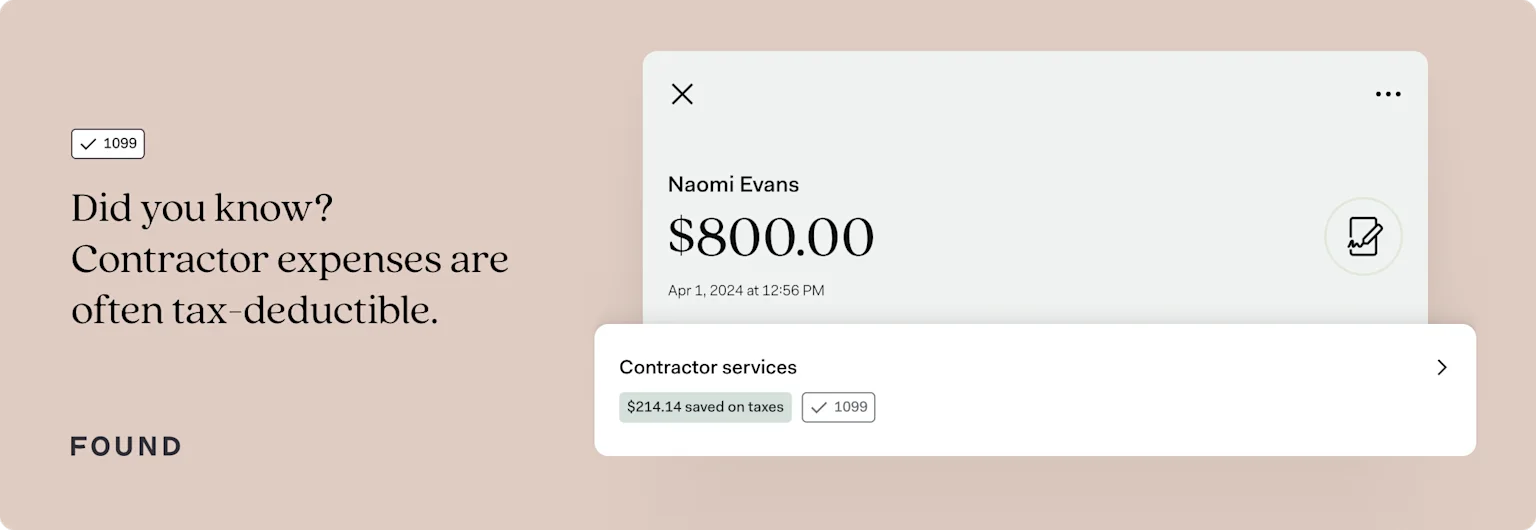 A Found transaction screen showing an $800 payment to Naomi Evans tagged as contractor services, marked 1099 and showing $214.14 saved on taxes
