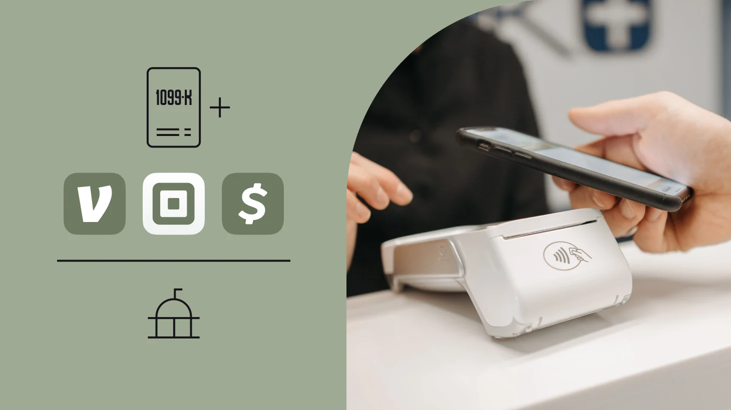 A 1099-K form icon above the Venmo, Square and Cash App logos and a bank building, beside a photo of a customer tapping a phone on a contactless card reader