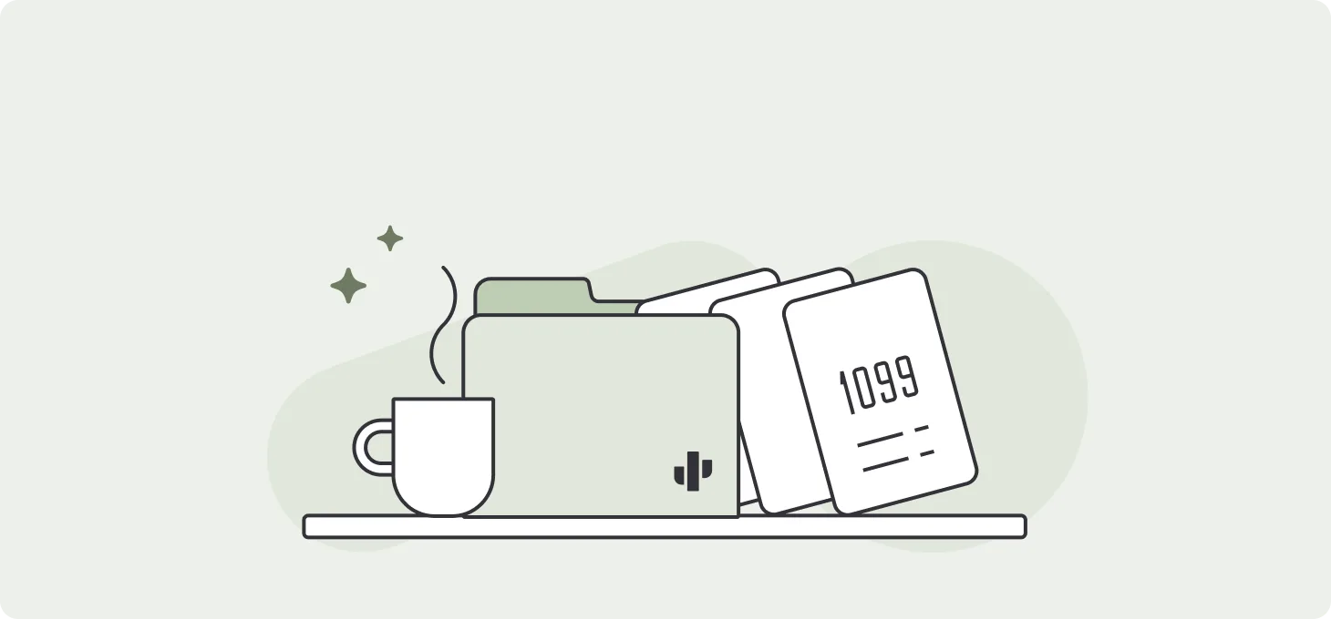 A folder and a stack of forms labelled 1099 next to a steaming coffee mug, illustrating paperwork ready to e-file