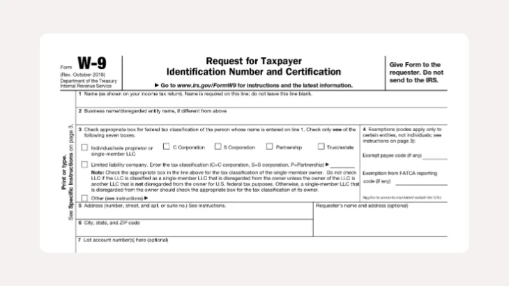 The upper portion of IRS Form W-9, Request for Taxpayer Identification Number and Certification, with fields for name, business name, federal tax classification, exemption codes, address, city/state/ZIP, and account numbers