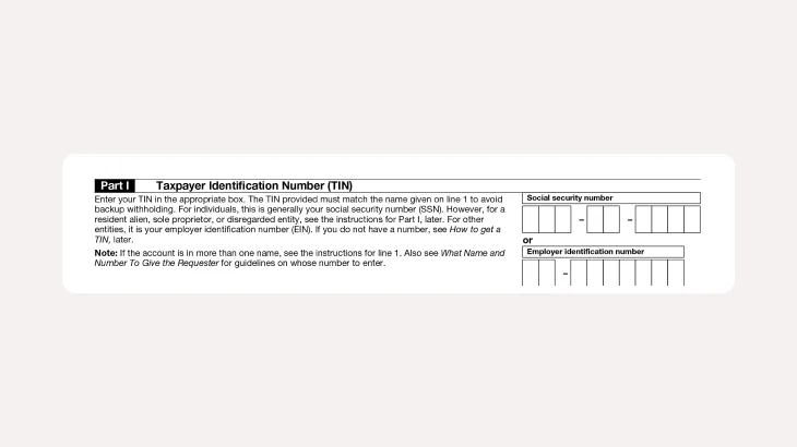 Part I of Form W-9, Taxpayer Identification Number, with boxes to enter a Social Security number or an Employer Identification Number