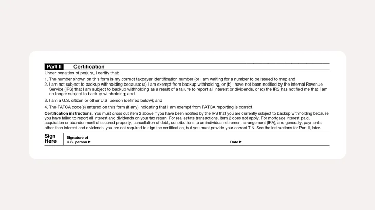 Part II of Form W-9, the certification section, listing four certification statements under penalty of perjury and a Sign Here line for signature and date