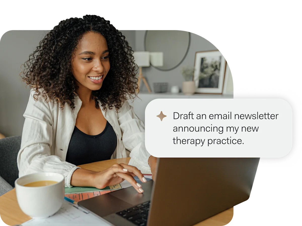 A small business owner smiling at her laptop, with an AI prompt card beside her reading: Draft an email newsletter announcing my new therapy practice.