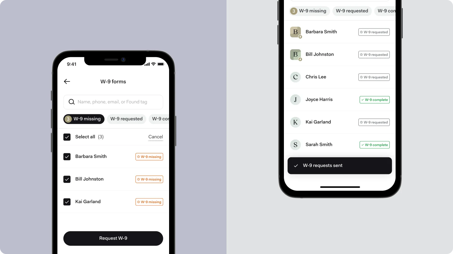 Two Found app screens: one selecting three contractors marked 'W-9 missing' to request forms from, the other listing contractors with 'W-9 requested' and 'W-9 complete' statuses and a confirmation that requests were sent