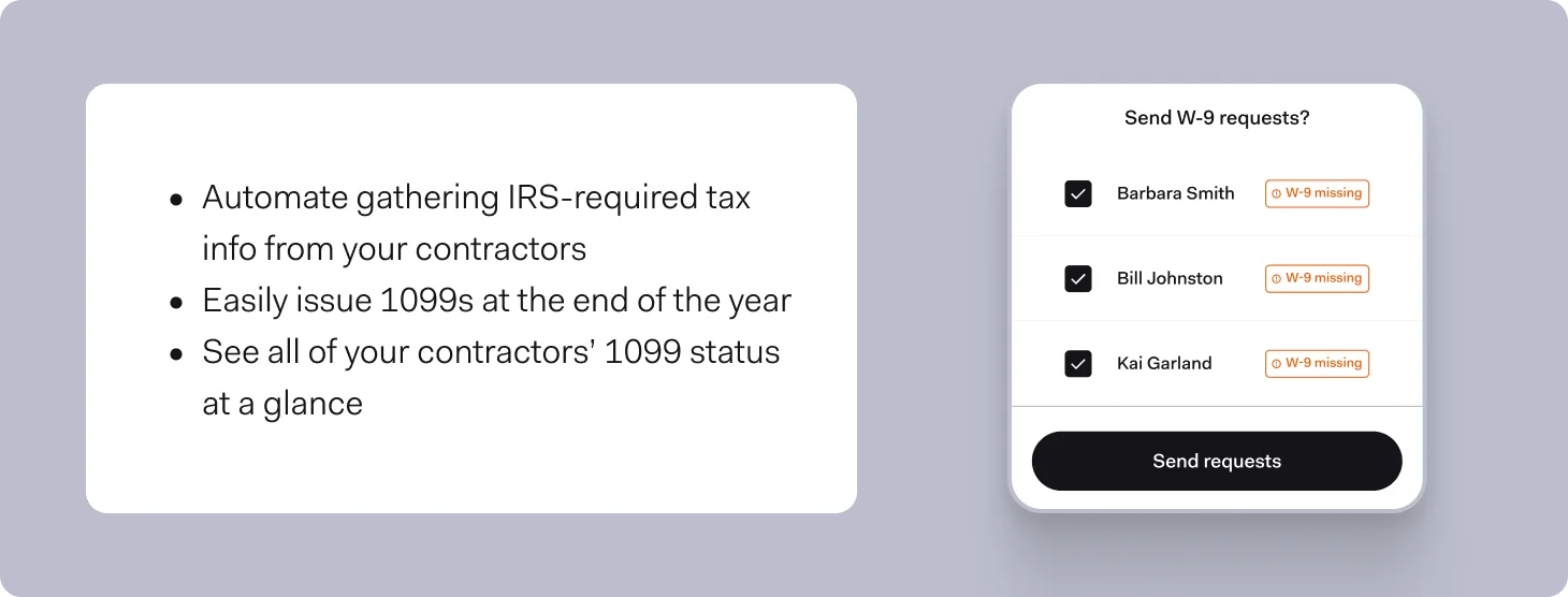 A 'Send W-9 requests?' screen in the Found app listing three contractors — Barbara Smith, Bill Johnston, and Kai Garland — each flagged 'W-9 missing', with a Send requests button below