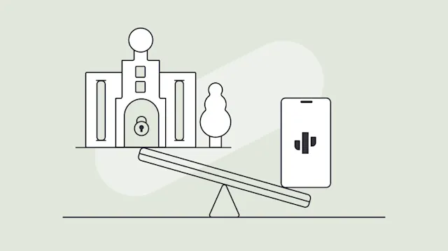 Bank building and smartphone on a seesaw, with the smartphone weighing down the bank side.