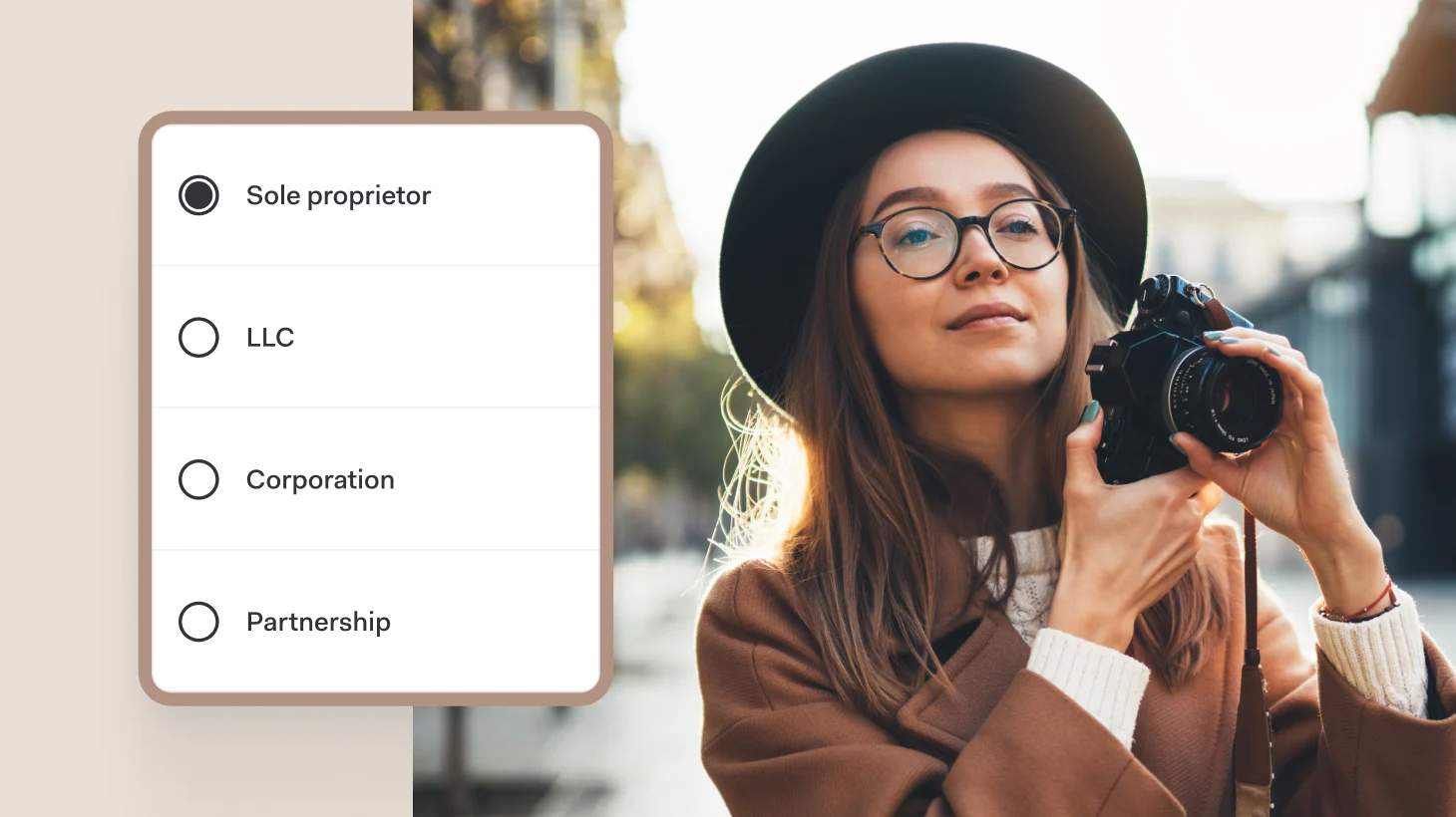 A woman holding a camera beside a menu listing Sole proprietor, LLC, Corporation and Partnership, with Sole proprietor selected