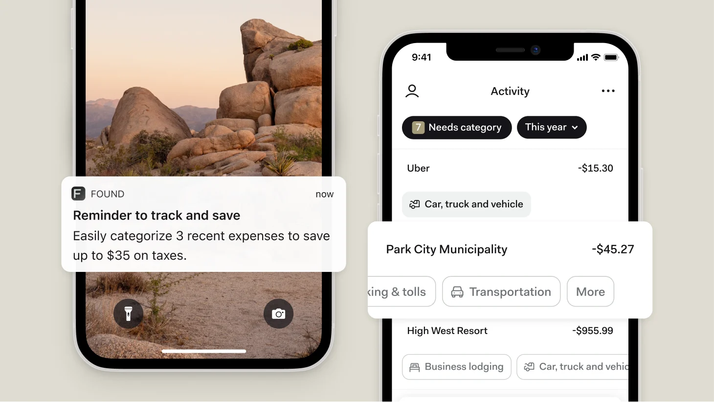 Two phone screens: a notification reading 'Easily categorize 3 recent expenses to save up to $35 on taxes', and an Activity list showing Uber -$15.30 tagged Car, truck and vehicle, Park City Municipality -$45.27, and High West Resort -$955.99 tagged Business lodging