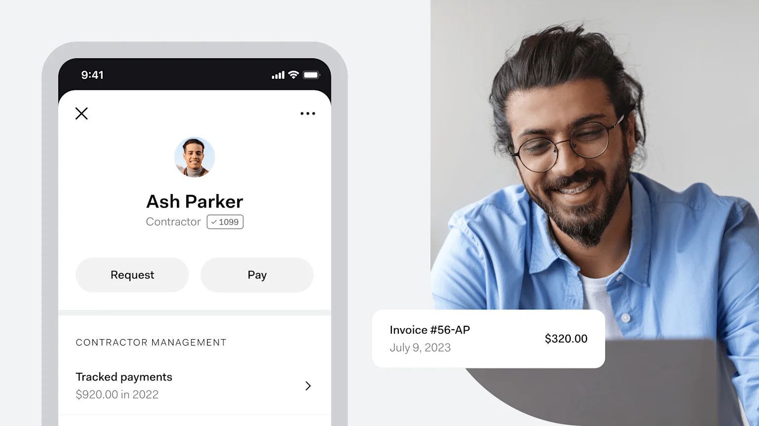 A phone shows a contractor's profile tagged 1099 with $920.00 in tracked payments for 2022, next to a freelancer smiling at his laptop with an invoice for $320.00
