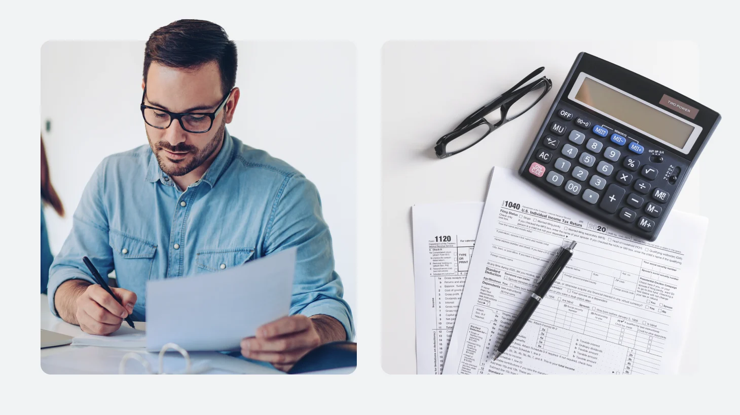 A man signing paperwork, beside Form 1040 and 1120 tax returns with a calculator, glasses, and pen resting on top