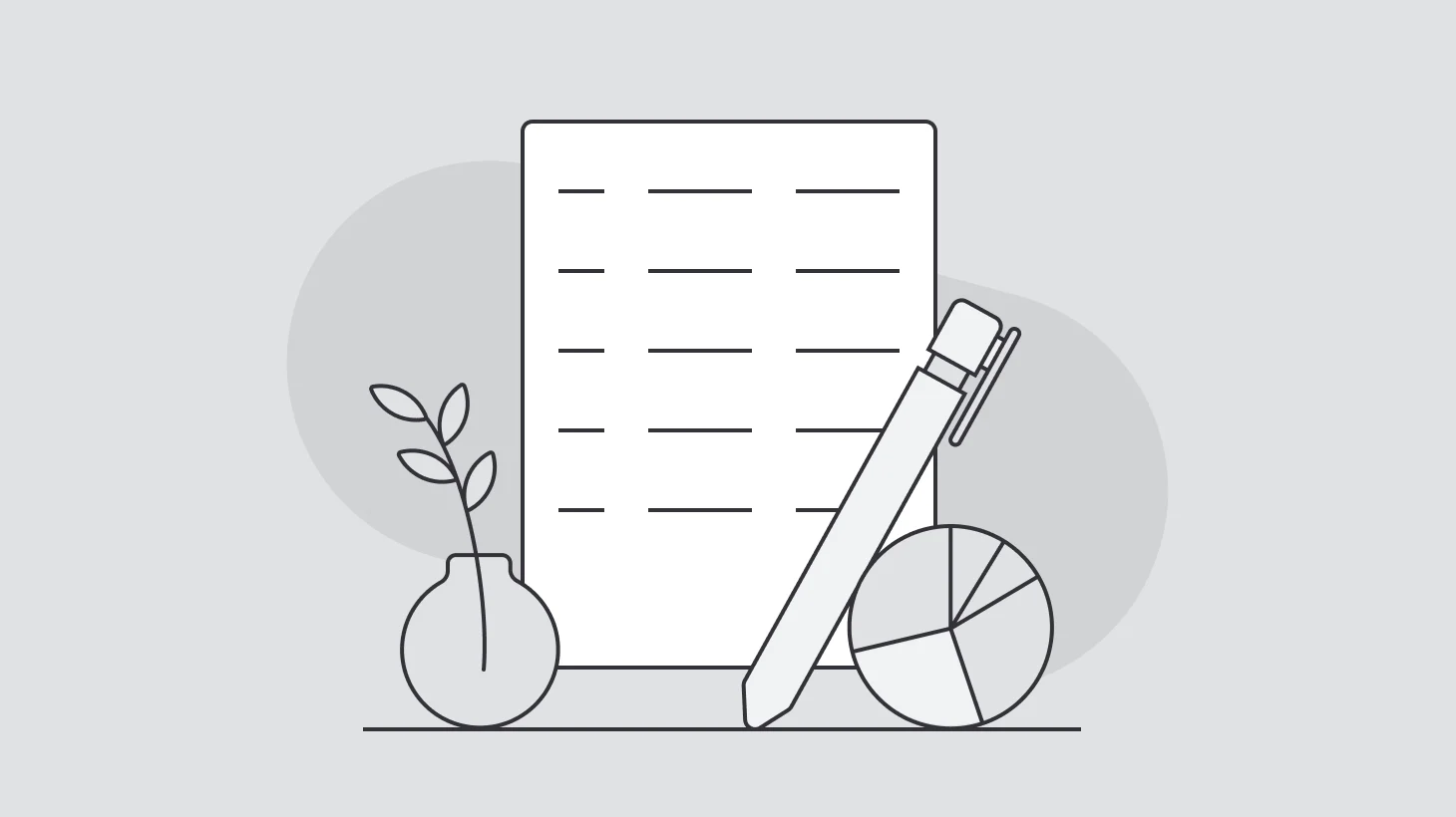 A ledger sheet with rows of blank entries, a pen, and a segmented pie chart, beside a small potted plant