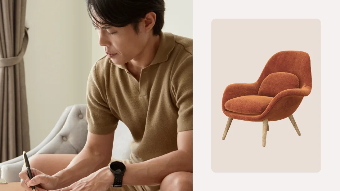 A man jotting notes on a pad beside a photo of a rust-coloured upholstered armchair, representing a deductible business purchase