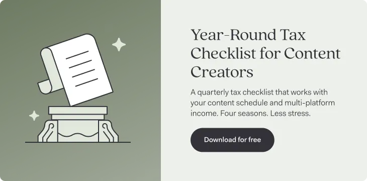 A scroll of paper curling up from a pedestal, next to the heading 'Year-Round Tax Checklist for Content Creators' and a 'Download for free' button