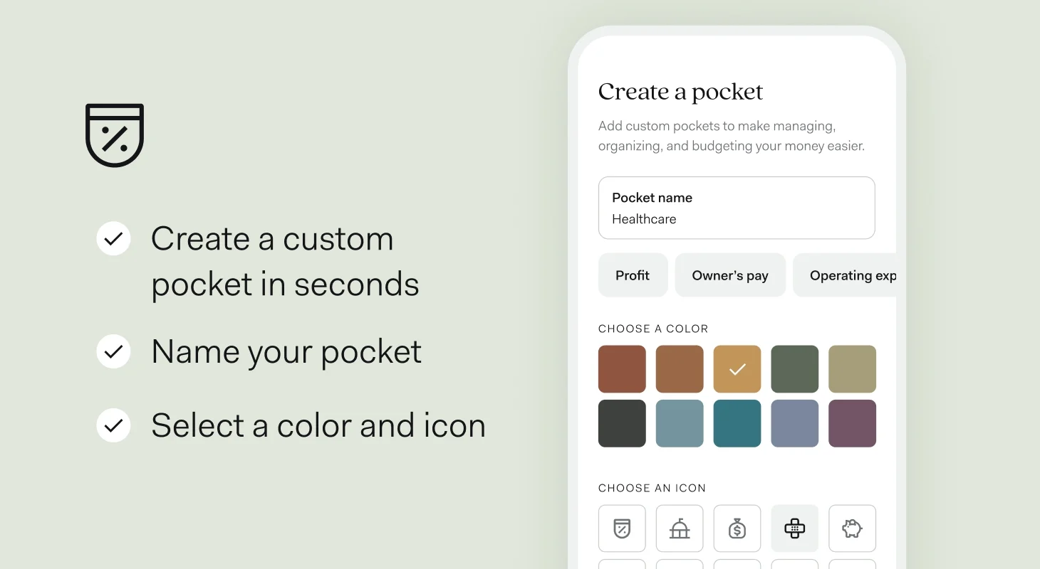 The Found app's Create a pocket screen, showing the name 'Healthcare', category options like Profit and Owner's pay, and colour and icon pickers