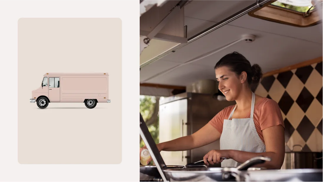 An illustrated pink van beside a photo of a woman cooking inside a food truck
