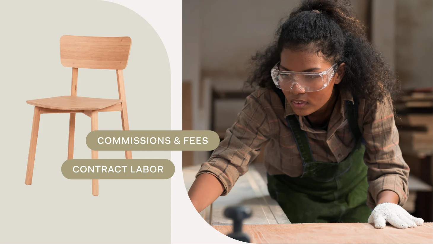 A woodworker in safety goggles sanding a board, beside a wooden chair labelled 'Commissions & fees' and 'Contract labor'
