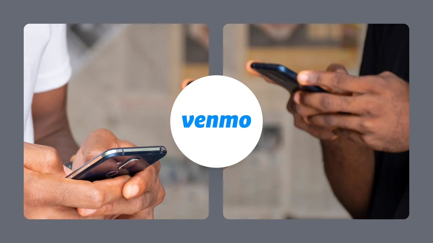 The Venmo wordmark in a white circle between two photos of people paying each other on their phones