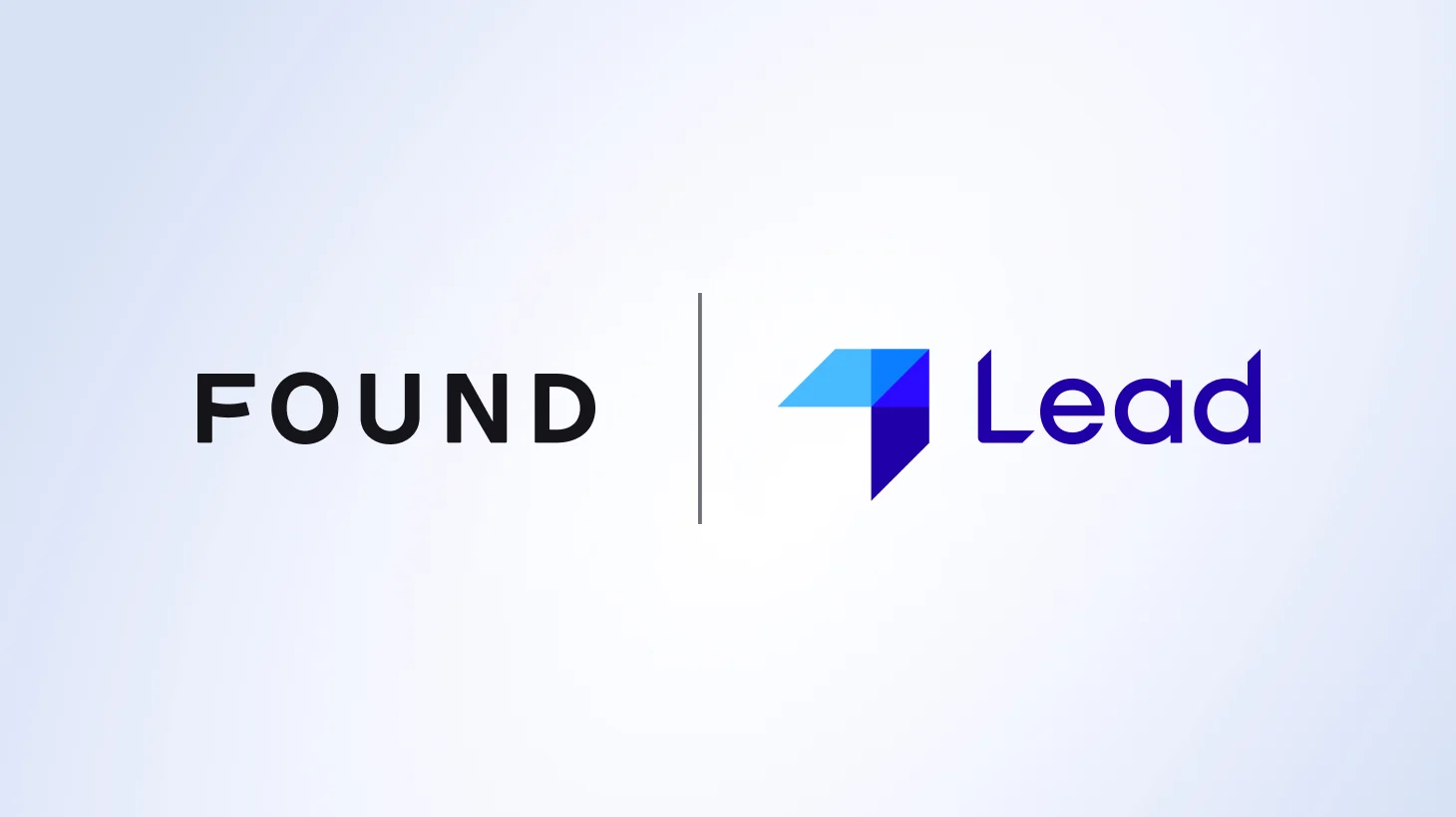 Logo featuring the word 'FOUND' in black sans-serif text on the left, separated by a vertical gray line from the Lead logo on the right, which consists of a geometric icon made of light blue and deep blue triangular shapes forming an abstract arrow or flag, followed by 'Lead' in blue text, all on a light blue-gray background.