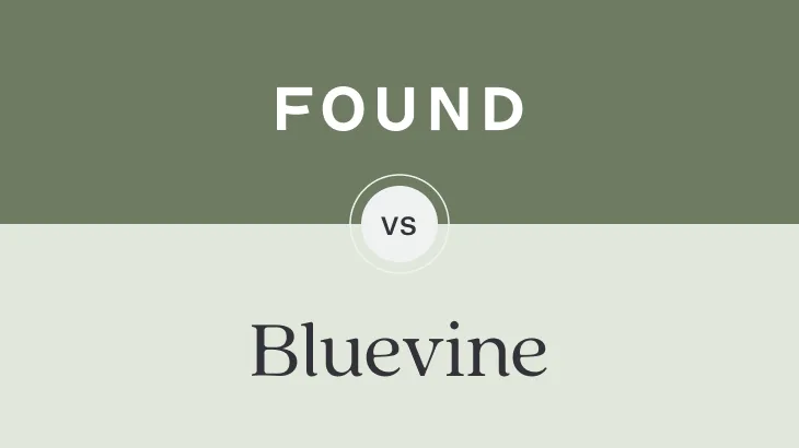 Comparison graphic showing 'FOUND' in white text on an olive green background at the top, with 'vs' in a circular badge in the center, and 'Bluevine' in dark serif font on a cream background at the bottom