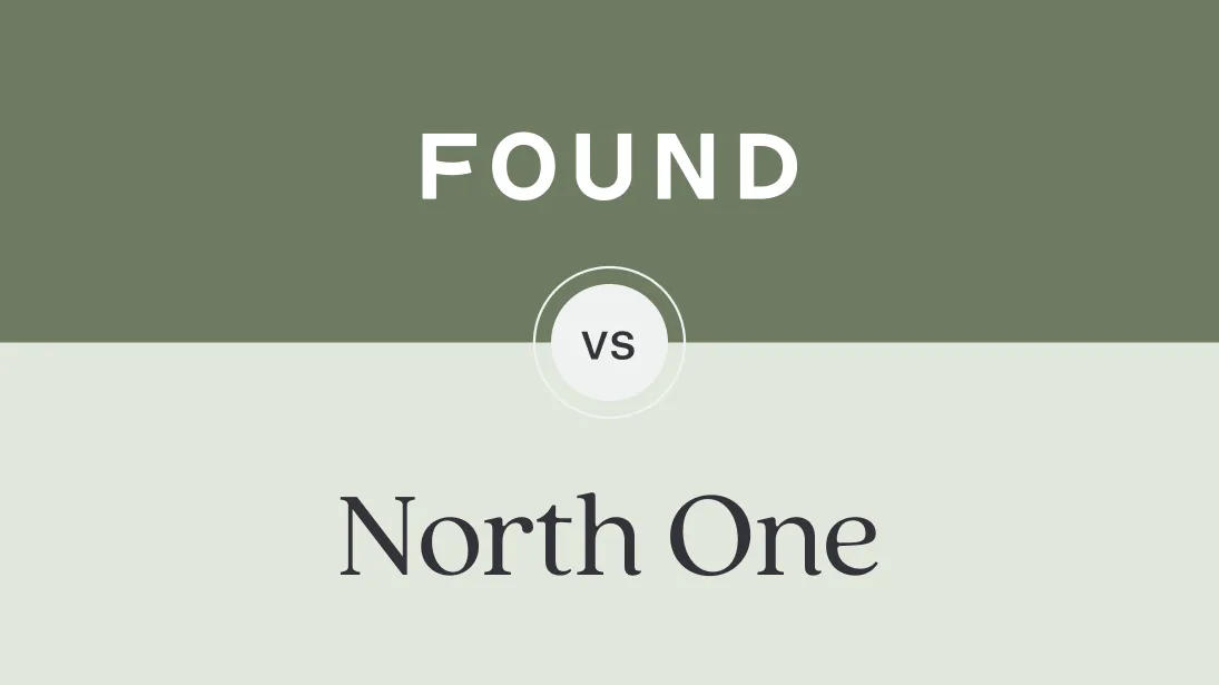 A minimalist graphic design with 'FOUND' in white letters on an olive green background at the top, 'VS' in a white circular element in the center, and 'North One' in large dark text on a light beige background at the bottom.