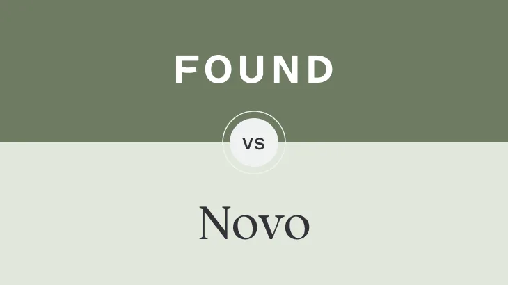A comparison graphic with 'FOUND' in white text on a sage green background at the top, 'vs' in a circular badge in the center, and 'Novo' in dark serif text on a light beige background at the bottom.