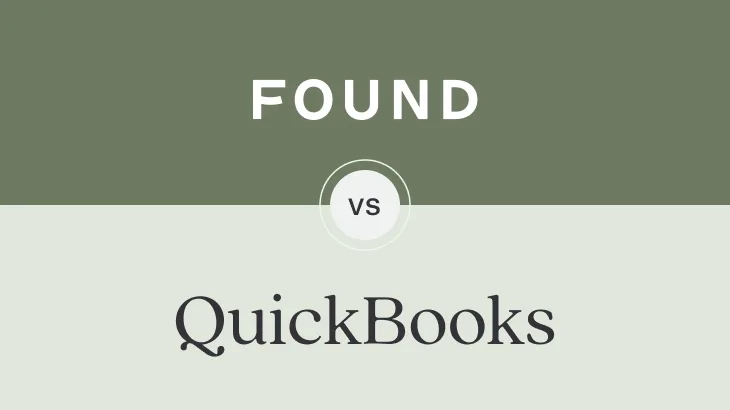 Found vs QuickBooks comparison graphic with Found in white text on olive green background and QuickBooks in dark text on cream background, separated by a circular VS badge