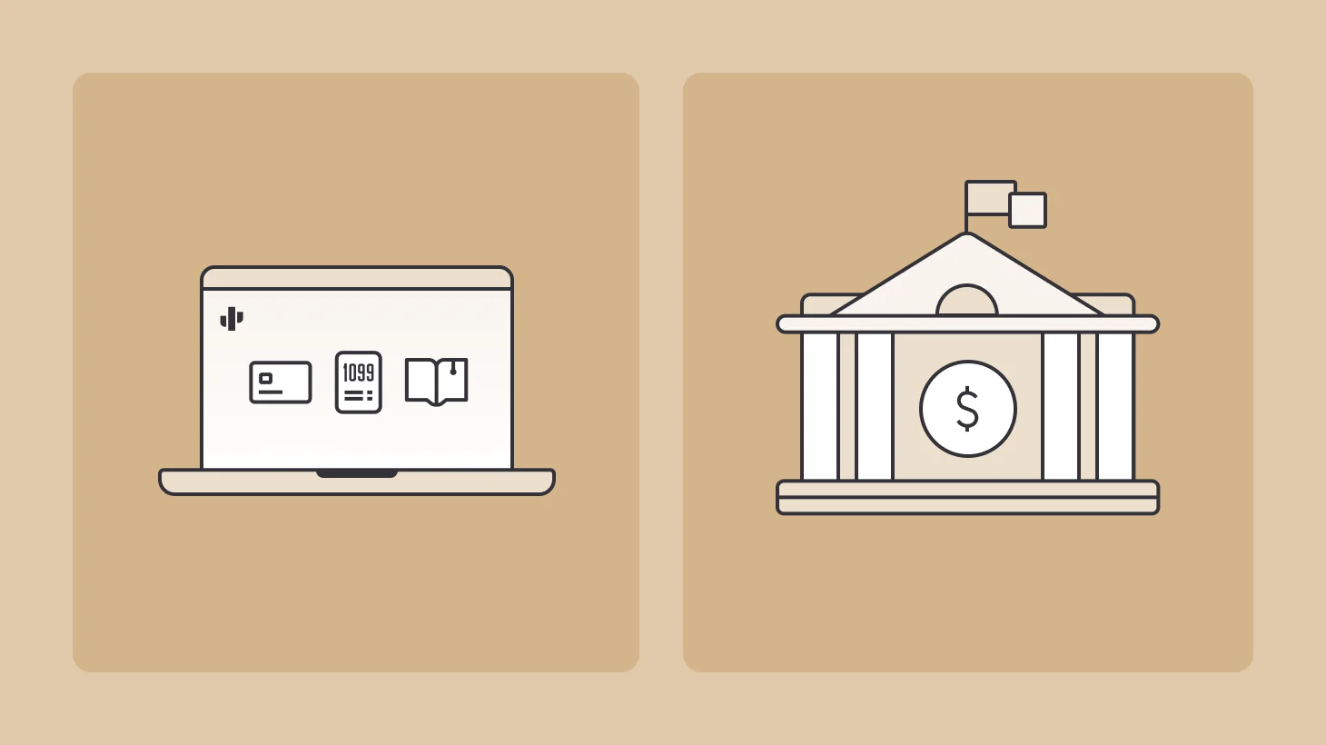 Side-by-side panels contrasting a laptop showing the Found app with card, 1099 form, and book icons, against a classical bank building with a dollar sign