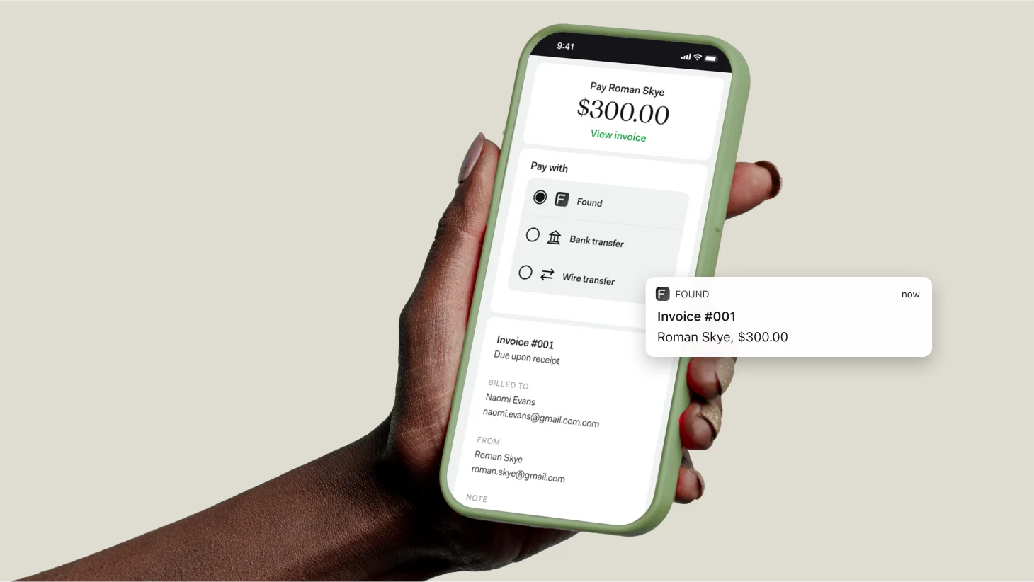 A hand holding a phone showing a $300.00 payment to Roman Skye for Invoice #001, with payment options for Found, bank transfer, or wire transfer
