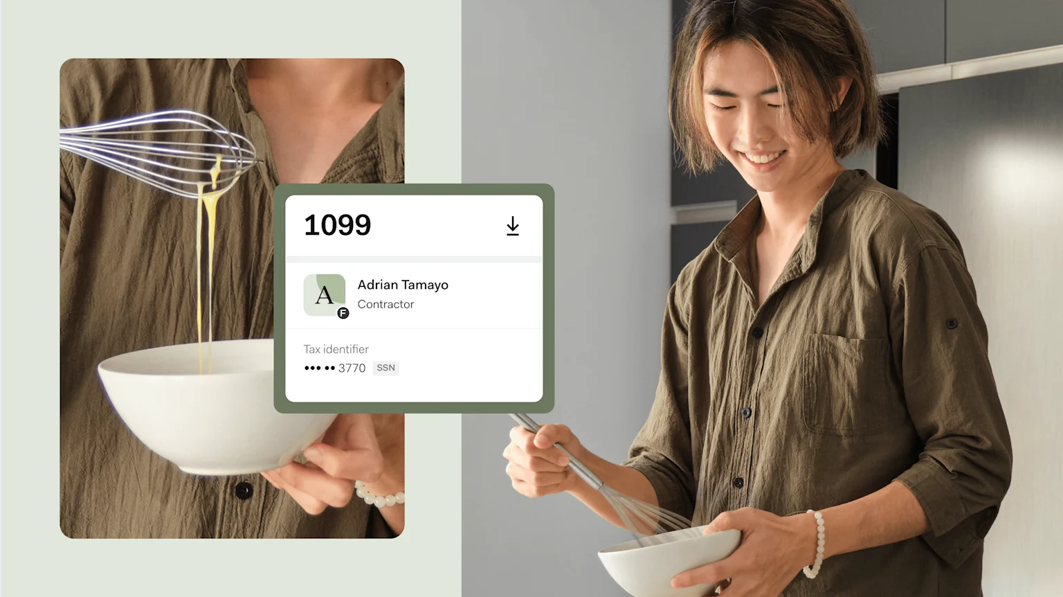 A man whisking a bowl in his kitchen, beside a 1099 form for contractor Adrian Tamayo showing a masked tax identifier (SSN) ending 3770