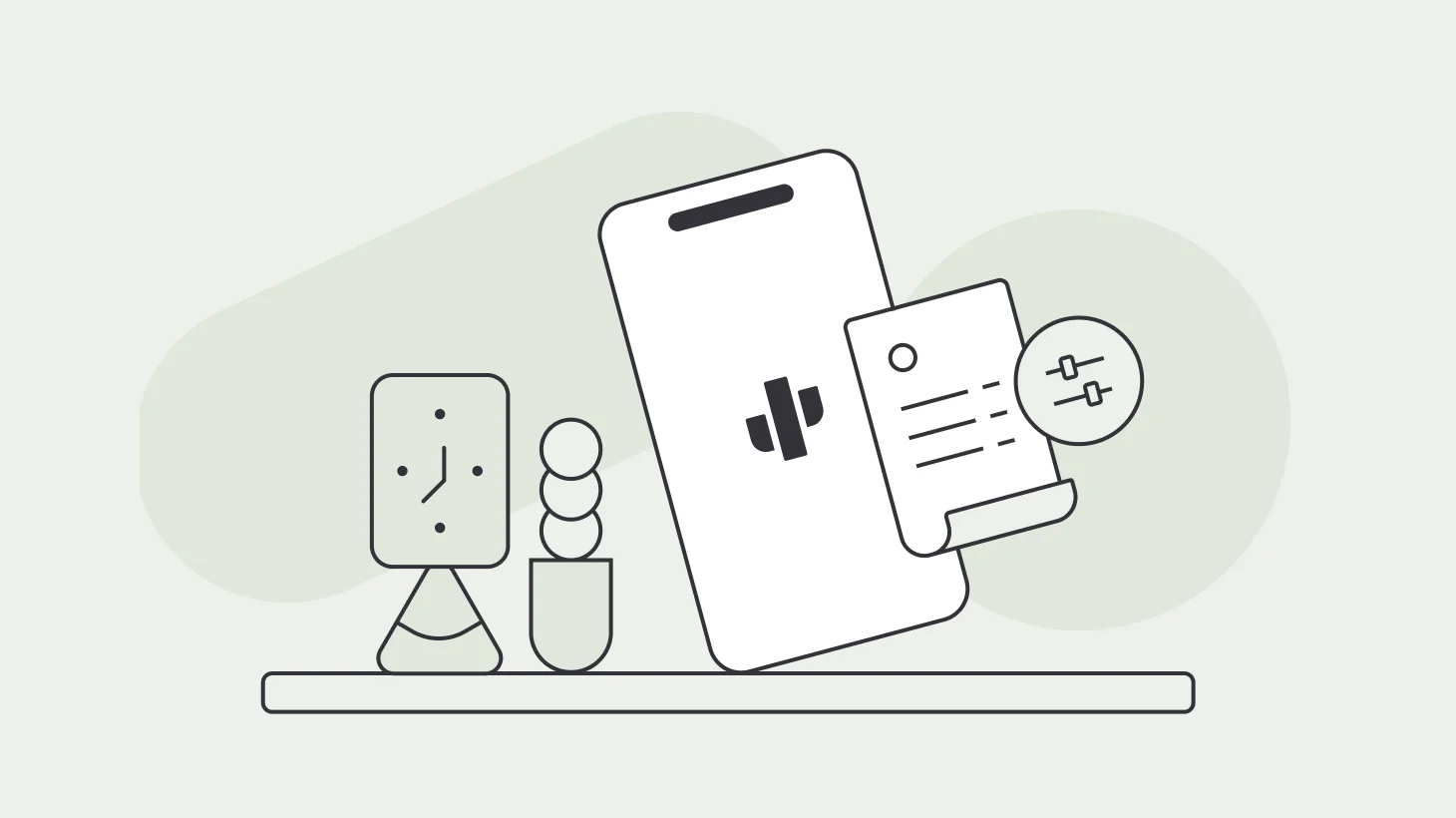 Illustration of mobile invoicing tools and settings interface on a digital device surrounded by office elements.
