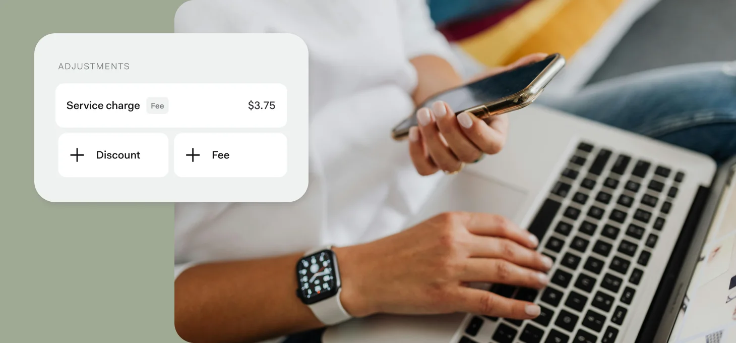 Desktop interface showing invoice adjustment tools with options for service charges, discounts, and added fees.