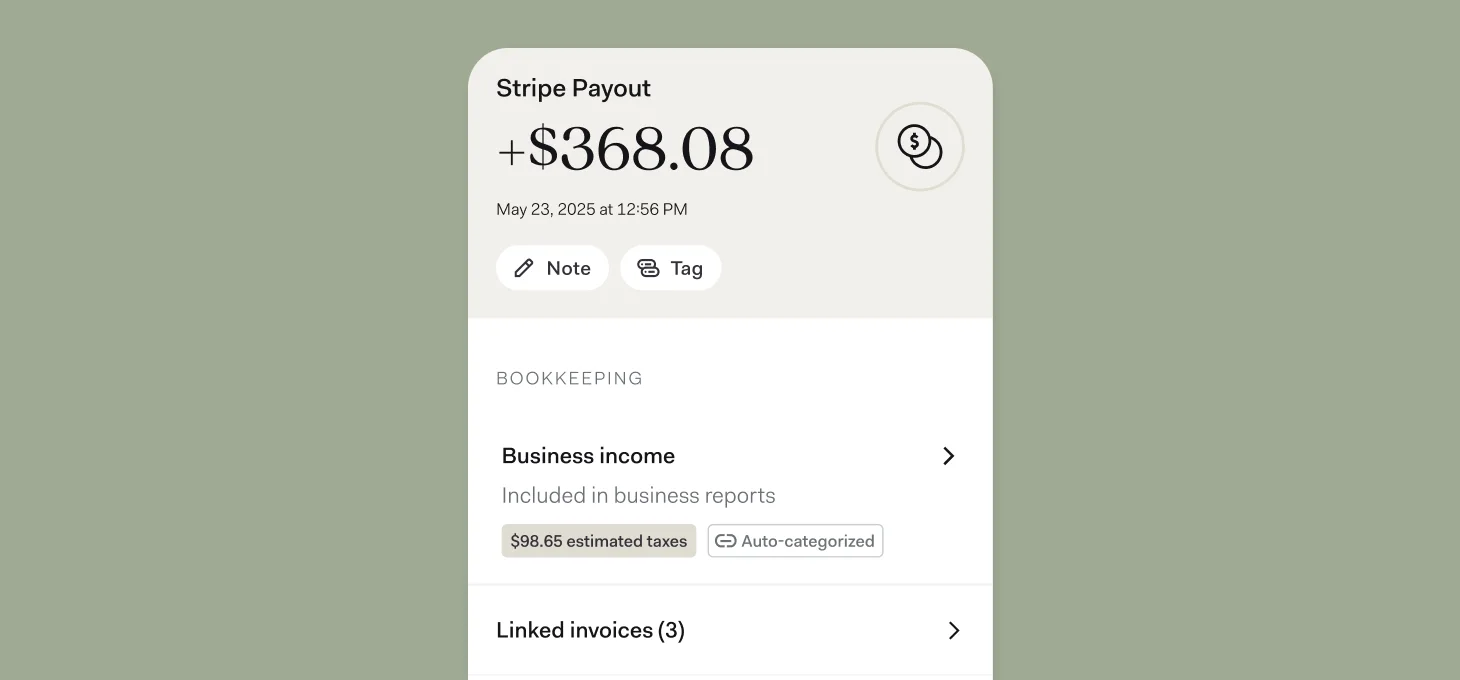 Desktop interface showing Stripe payout details, auto-categorized business income, and invoice bookkeeping summary.