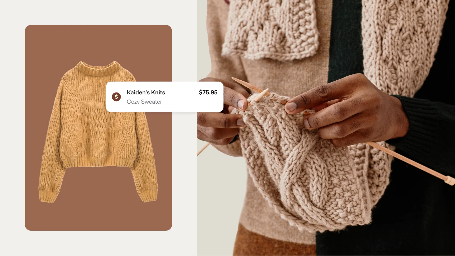Hands knitting a chunky scarf beside a product listing for Kaiden's Knits Cozy Sweater priced at $75.95