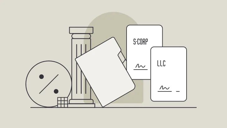 Documents labeled 'S-Corp' and 'LLC' with signature lines, beside a folder, a classical column, and a percentage symbol in a circle