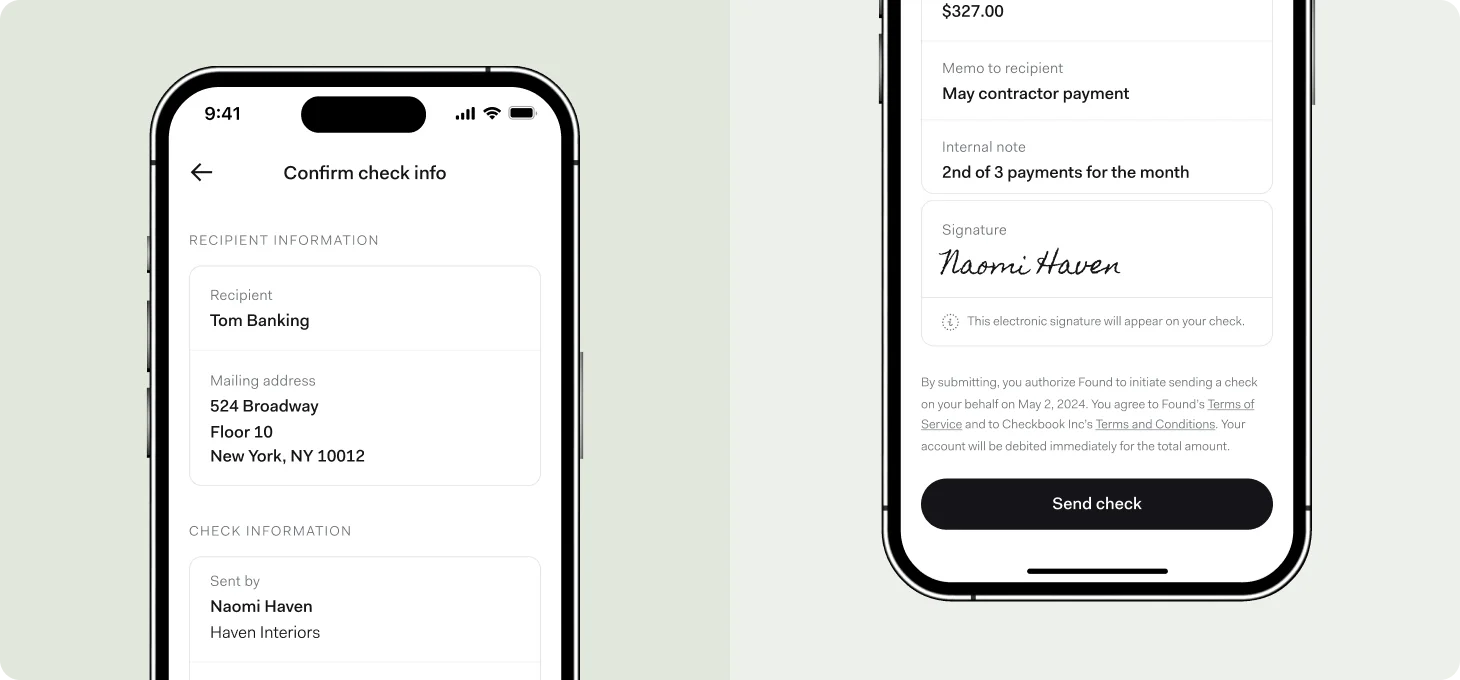 Two phone screens confirming a $327.00 paper check to Tom Banking, showing the mailing address, a memo reading 'May contractor payment', and a signature before sending