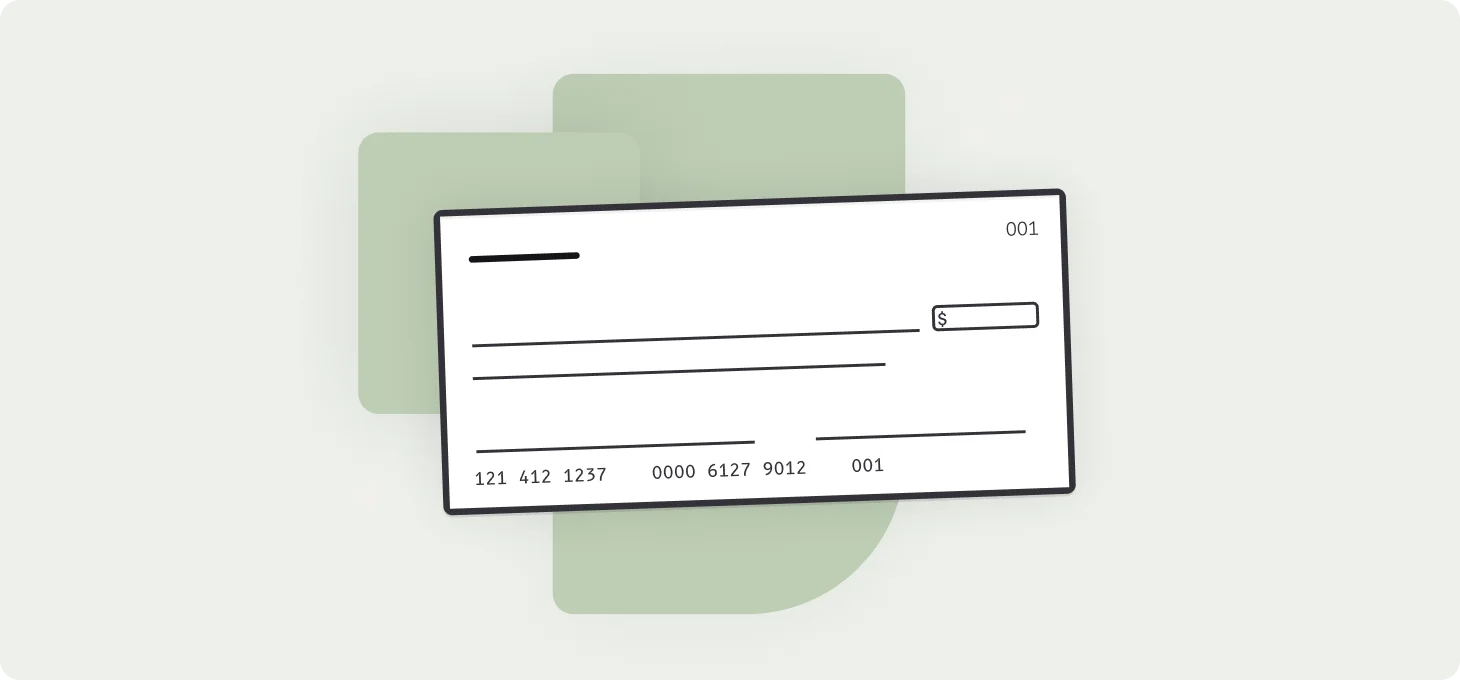 A paper cheque tilted against green abstract shapes, with a blank dollar-amount box and sample routing and account numbers along the bottom