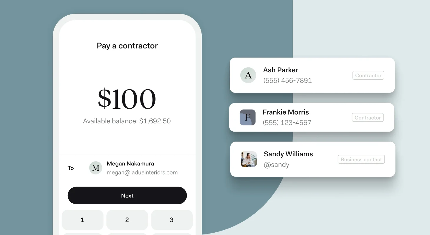 A phone screen paying a $100 contractor payment to Megan Nakamura from a $1,692.50 balance, next to contact cards for contractors Ash Parker and Frankie Morris
