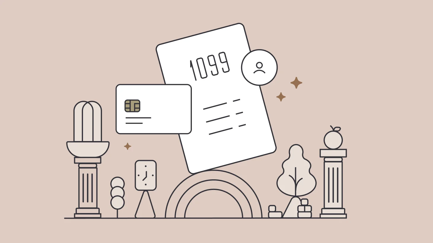 A tilted 1099 form and a debit card displayed above a row of decorative pedestals holding a lamp, clock and small tree