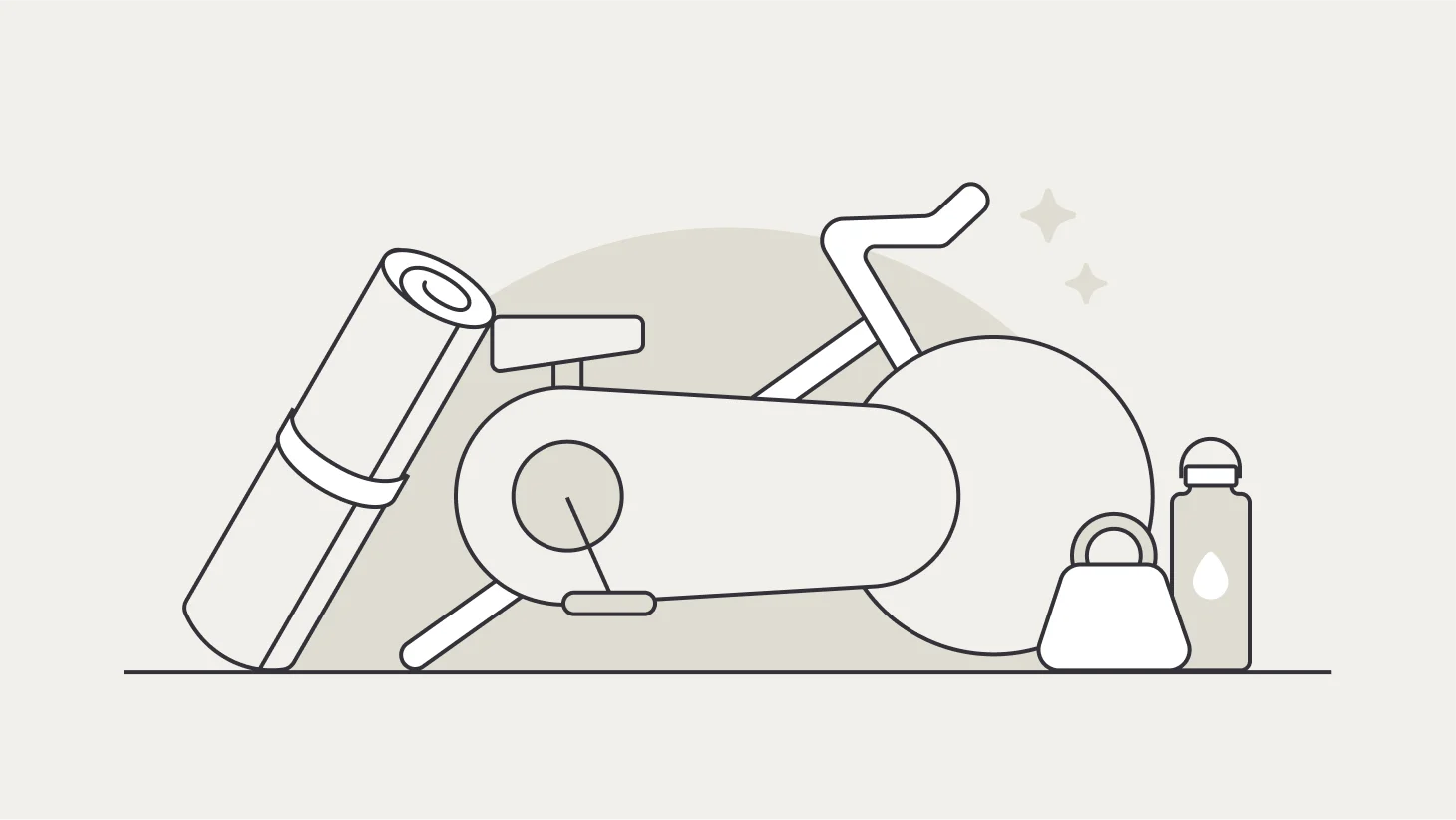 A rolled yoga mat, an exercise bike, a dumbbell, and a water bottle illustrated in line art, arranged like gym equipment on display