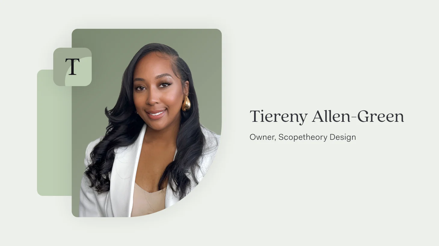 Portrait of Tiereny Allen-Green smiling in a white blazer against a sage green background